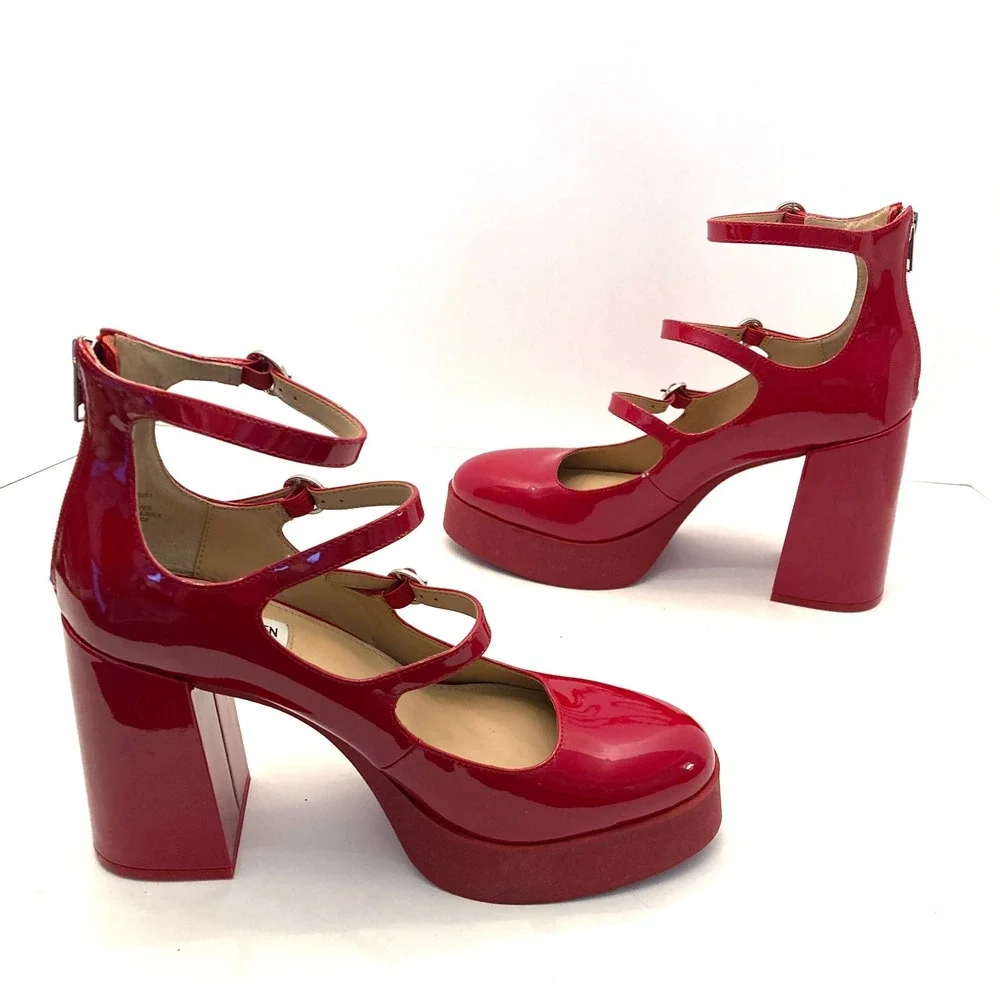 Steve Madden Quad Heels Red Patent Faux Leather Platform Womens 10 Straps Chunky